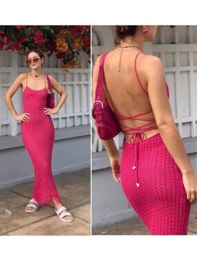 CAPITTANA Ali Knit Midi Cover-Up DRESS SizeXS/S Fuchsia Pink Fringe Hem NEW $180